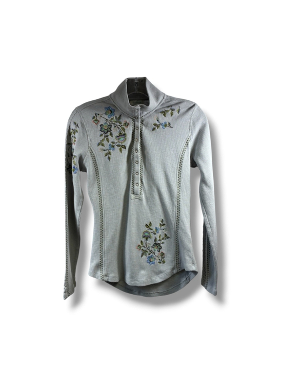 Sundance Tops - Sundance Long Sleeve Waffle Knit Tee with Floral Embroidery in Gray Size XS